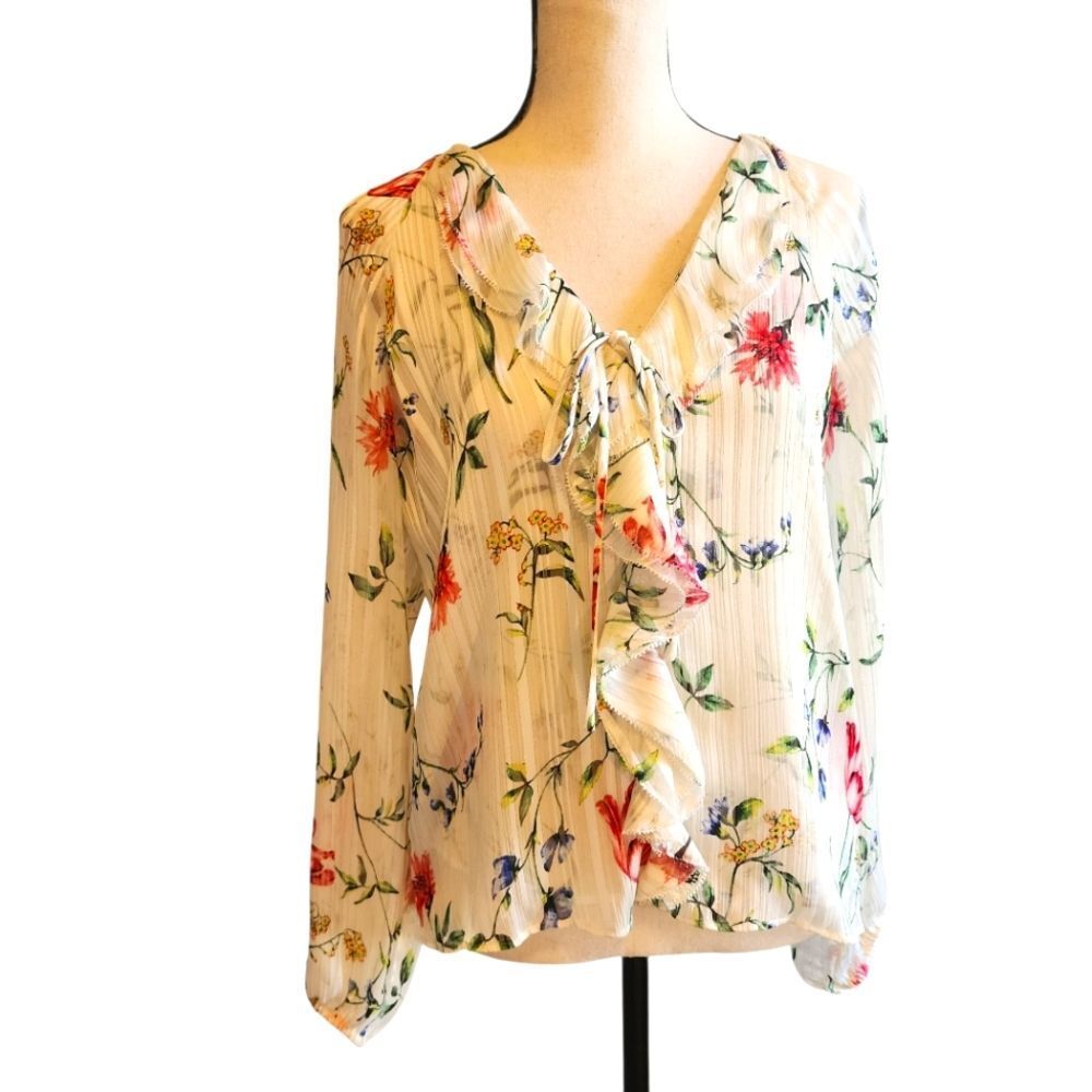 WHBM Floral Ruffle V-Neck Blouse, Sz. XS